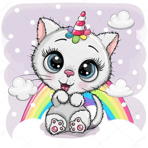 Cute Cartoon white Kitten with the horn of a unicorn on clouds | Unicorn cat, White kittens ...