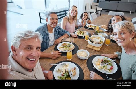 Big family, lunch and selfie with food on table in home dining room. Fine dining, happy memory ...