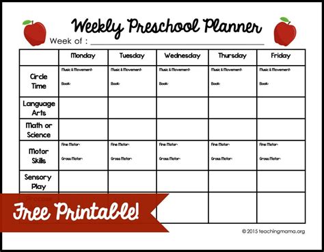 Weekly Preschool Planner Free Printable - Fillable Form 2024