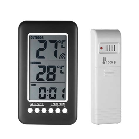 Digital LCD Wireless Indoor/Outdoor Thermometer Clock Temperature Meter with Transmitter ...