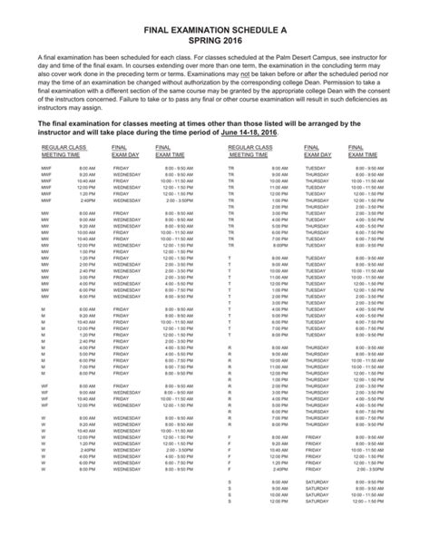 final examination schedule a spring 2016
