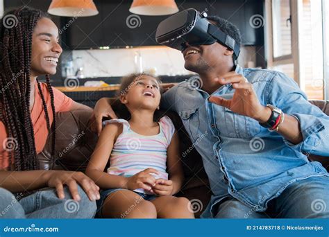 Family Playing Video Games with VR Glasses. Stock Photo - Image of ...