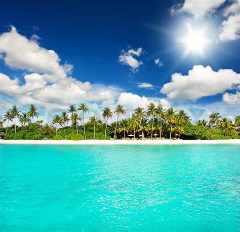 Landscape of tropical island beach with perfect sky | Stock Photo ...