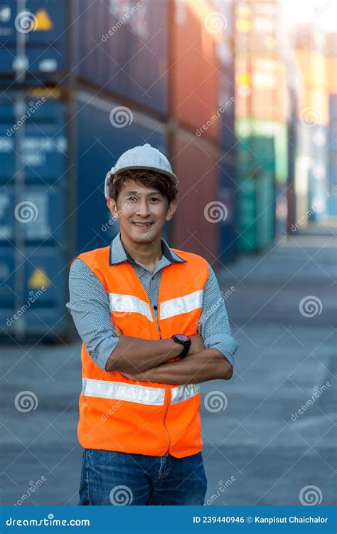 Asian Container Warehouse Worker. Foreman Control Loading Containers Box From Cargo Freight Ship ...