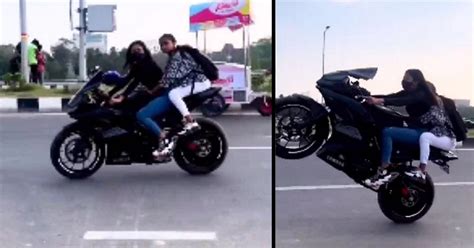 Influencer girl on a Yamaha R15 sportsbike pulls crazy stunts on a ...