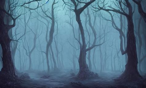 Premium Photo | Dark mystical forest scary curved trees morning fog in ...