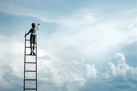 HD wallpaper: boy standing on ladder reaching for the clouds, man ...