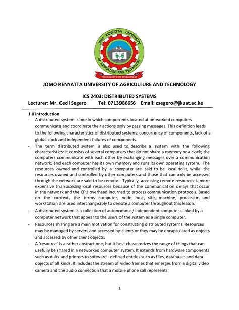 Week 1 Distributed Systems - JOMO KENYATTA UNIVERSITY OF AGRICULTURE AND TECHNOLOGY ICS 2403 ...