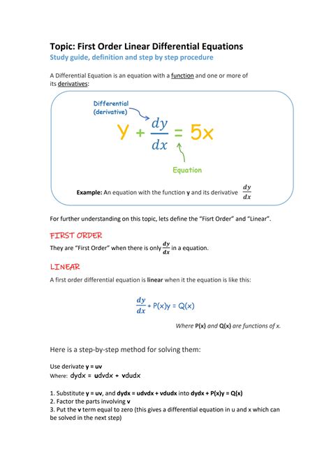 SOLUTION: How to solve first order linear differential equation with sample and solution - Studypool