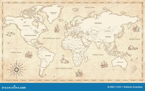 Vintage Illustrated World Map Stock Vector - Illustration of clip, borders: 88211539