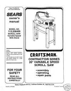 Craftsman 20 " Scroll Saw Manual Model # 113.236400 | eBay