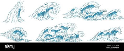 Sea waves sketch. Storm wave, vintage tide and ocean beach storms hand drawn vector illustration ...