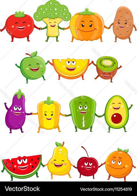 Funny Fruits And Vegetables Cartoon Characters Vector Image