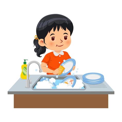 Premium Vector | A little girl washing the dishes in the kitchen