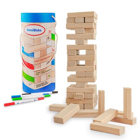 Tumbling Tower Game with 54 Blank Tumbling Blocks, 4 Coloring Markers - Tabletop Wood Block Game ...