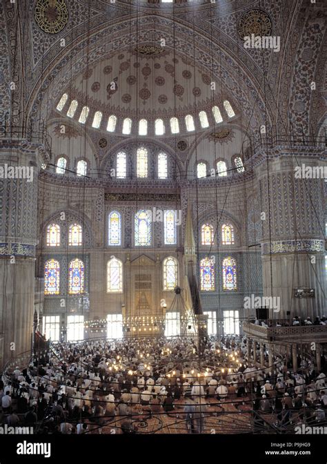 Interior view of the Blue Mosque in Istanbul during Friday prayers ...