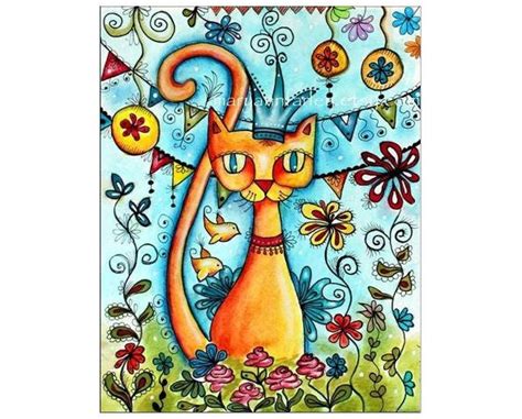 Cat Art Print Mexican Art Print Whimsical Art Flowers and