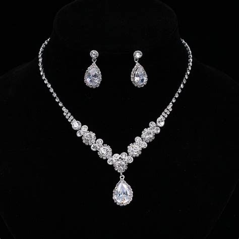 2021 Simple Crystal Bridal Jewelry Sets Silver Color Rhinestone Water Drop Earrings Necklace ...