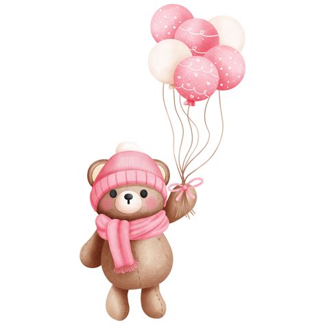 Watercolor pink teddy bear with balloons illustration.Valentines animal ...