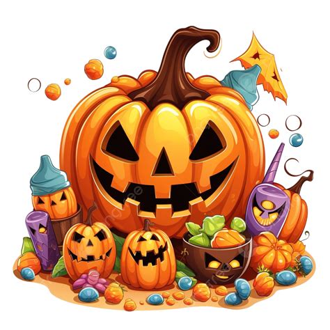 Evil Halloween Pumpkin With Candies And Sweets Vector Illustration ...