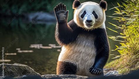 a panda bear standing on its hind legs in front of a body of water with its paws up in the air ...