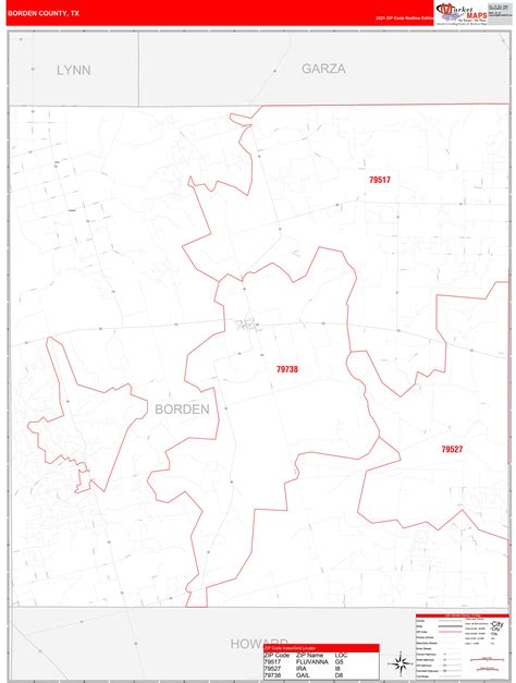 Borden County, TX Zip Code Wall Map Red Line Style by MarketMAPS