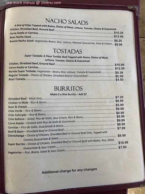 Menu at Rancho Grande restaurant, Corning