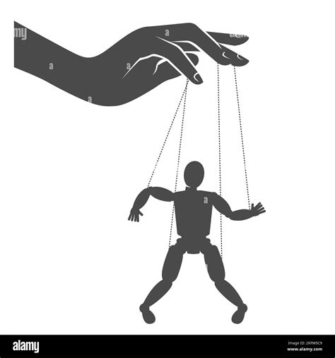 Puppet master hand manipulates a puppet hanging on strings, puppeteer, man being controlled by ...