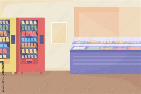 School cafeteria space flat color vector illustration. Lunch break in fast food bistro. Vending ...