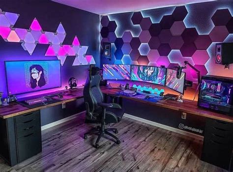 Acoustic panels used as wall deco in this amazing rgb themed gaming setup. Dream battlestation ...