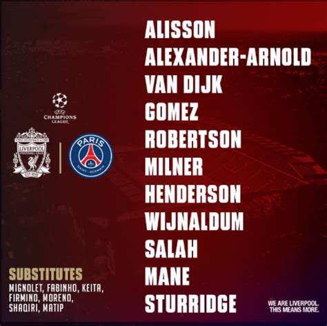 Liverpool lineup v PSG. Firmino & Keita on bench. Sturridge & Henderson ...