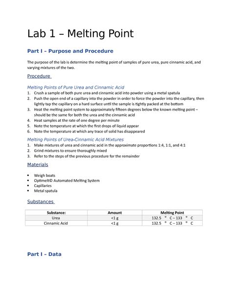 Organic Chemistry I - Melting Points Lab - Lab 1 – Melting Point Part I ...