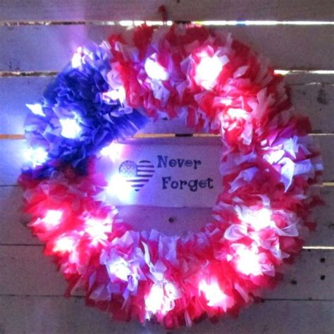 A beautiful Patriotic Outdoor Rag Wreath/lit with red,white and blue star lights #red #blue # ...