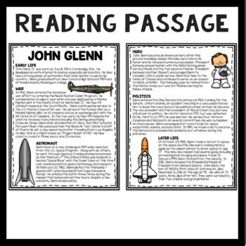 John Glenn Biography Reading Comprehension Worksheet; Space, Astronaut, NASA