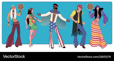 Group of five wearing hippie clothes of the 60s Vector Image