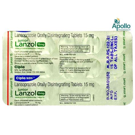 Junior Lanzol 15 mg Tablet 15's Price, Uses, Side Effects, Composition - Apollo Pharmacy