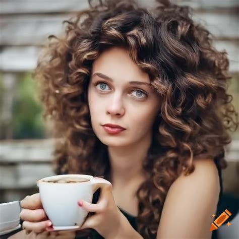 Young attractive playful thoughtul woman with dark brown curly wavy hair having coffee at cozy ...