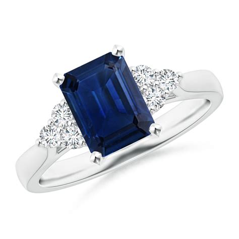 Emerald-Cut Blue Sapphire Ring with Trio Diamonds | Angara Australia