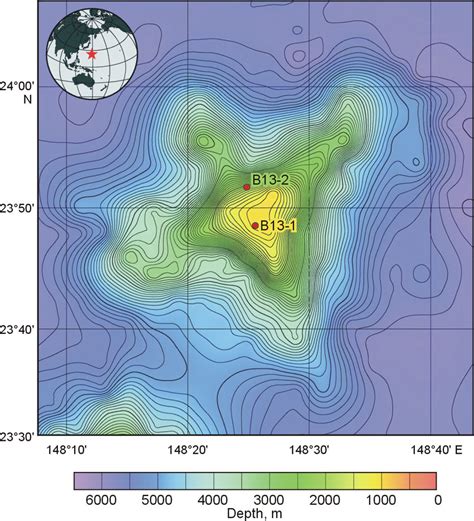 Bathymetric map of Set seamount (http://earthref.org), with locations ...