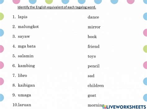 English Equivalent of Tagalog Terms worksheet | Tagalog words, English words, Tagalog