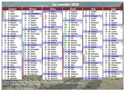 Calendrier 2020 à imprimer, semestriel, avec les fêtes, format portrait, une colonne par mois ...