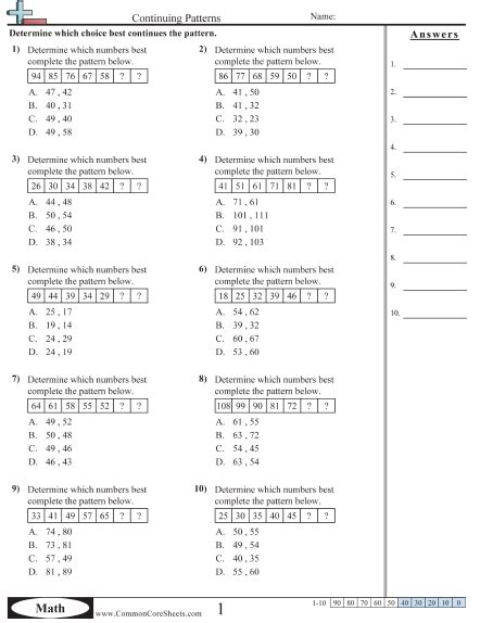 Number Patterns For 4th Grade Worksheets