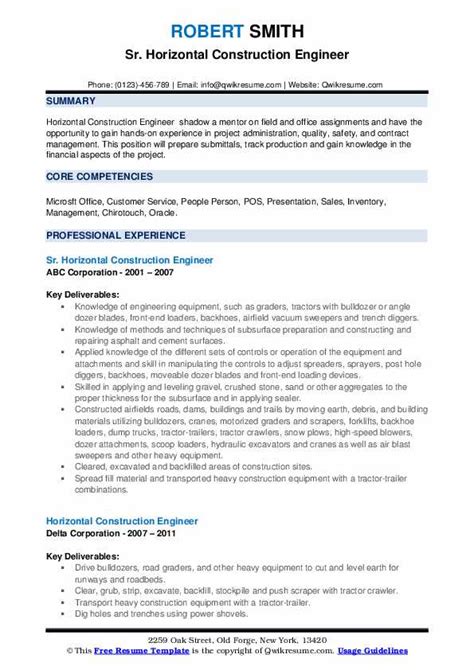 Horizontal Construction Engineer Resume Samples | QwikResume