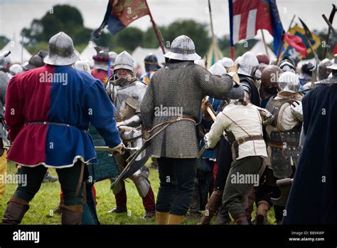 Reenactment of a medieval battle, the battle of Tewkesbury of 1471 ...