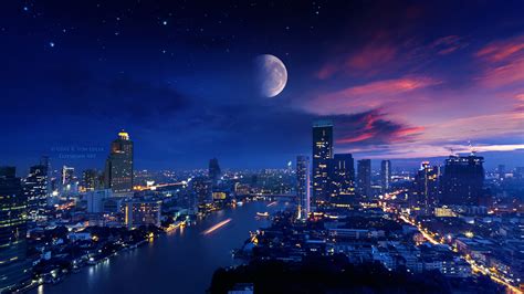 1920x1080 City Lights Moon Vibrant 4k Laptop Full HD 1080P ,HD 4k Wallpapers,Images,Backgrounds ...