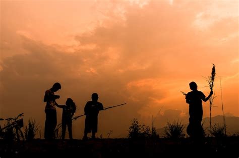 Premium Photo | Group of happy children playing on meadow at sunset, silhouette