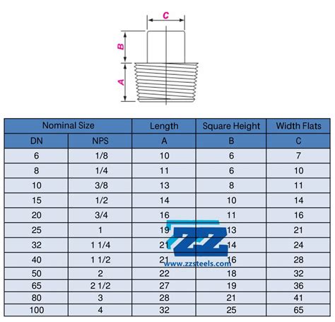 A105 Square Head Plug BSPT ASME B16.11 Dimensions | ZIZI