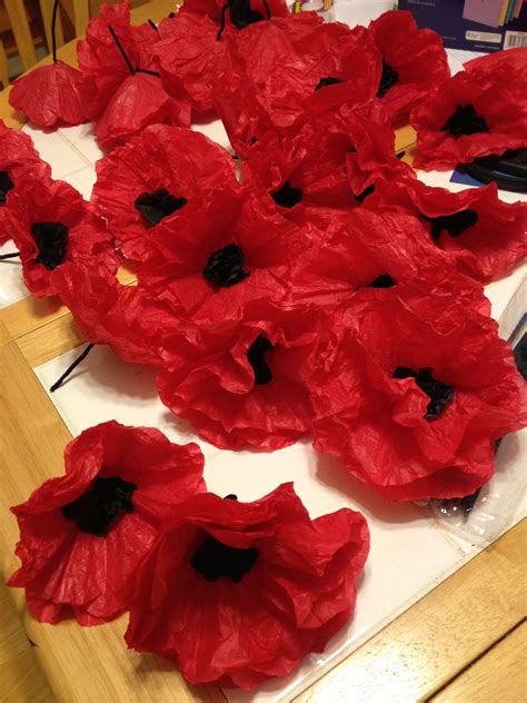 Tissue Paper poppies cut 3 large red circles, 3 small black circles. Stack them. Put hole in ...