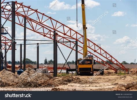 Installation Metal Trusses Frame During Construction Stock Photo ...