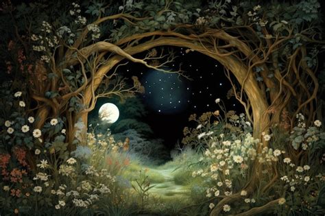 Premium Photo | Painting of a forest with a path and a full moon ...